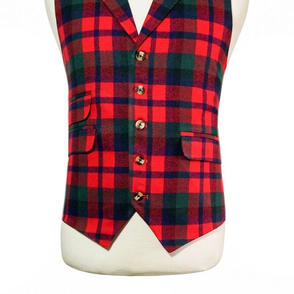 Mens 46R Plaid Wool Waistcoat Vest Red Blue Green Formal Wedding Business Party - Picture 4 of 8